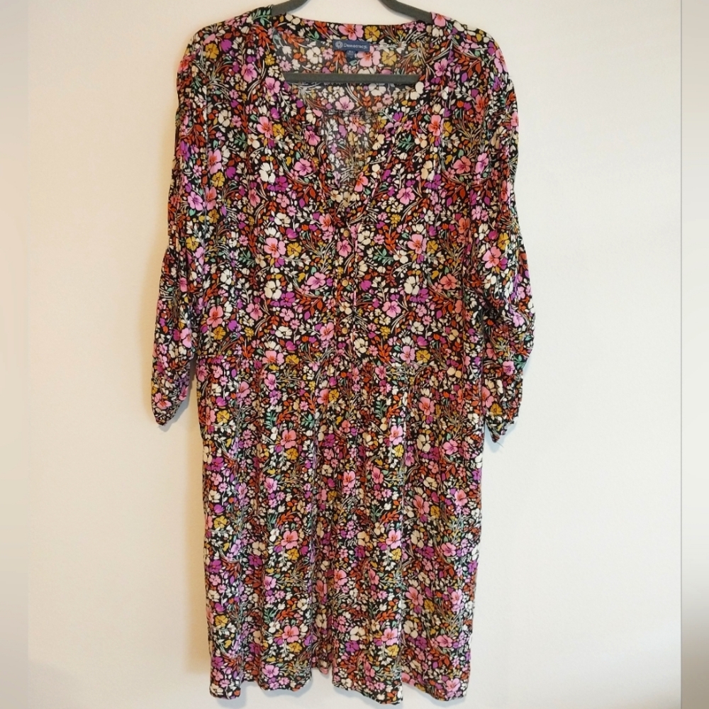 Democracy Multicolor Floral Print Notch Collar 3/4 Sleeve Midi Dress